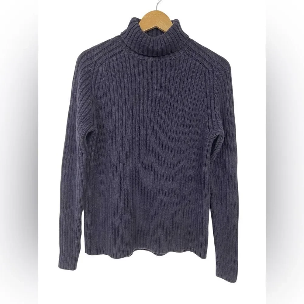 Lands’ End Thick Chunky Knit Navy Blue Turtleneck Sweater Size Medium